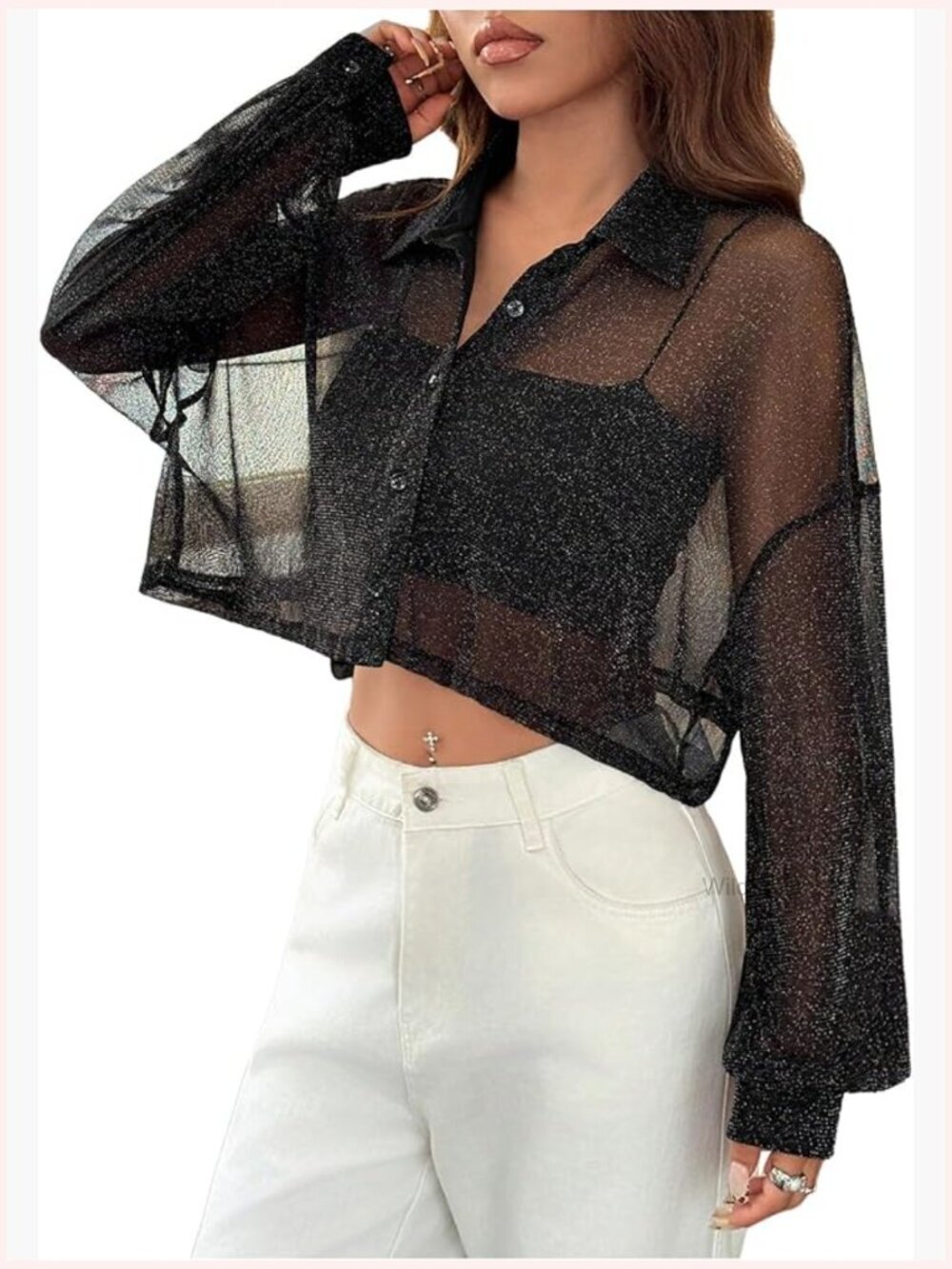 Sheer Mesh Long Sleeve Button Down Crop Top Blouse